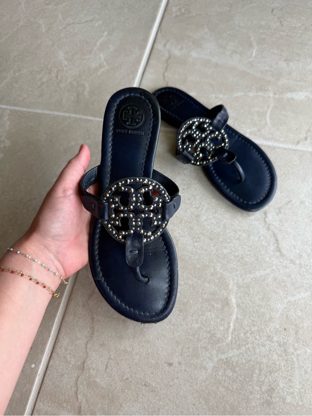 Tory Burch Navy Studded Sandals